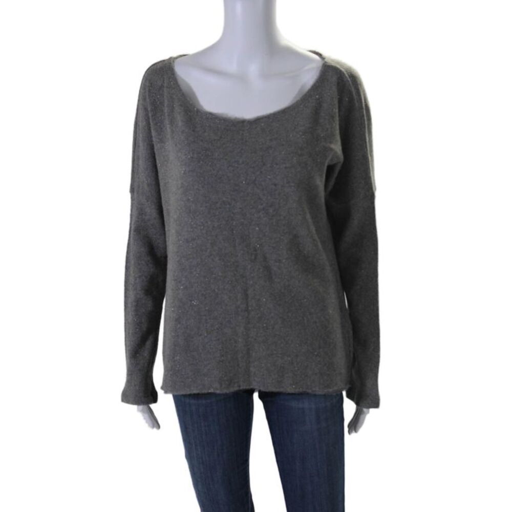 Ottod Ame Womens Wool Metallic Long Sleeve Scoop Neck Knit Top Gray Size 6